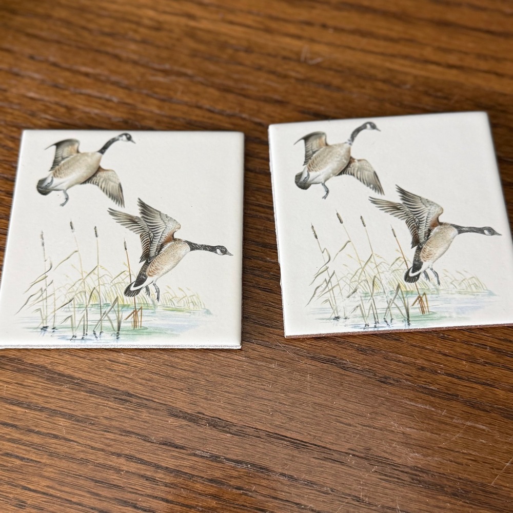 Vintage Canada Geese Ceramic Tile Coasters Set of 2 Wildlife Farmhouse